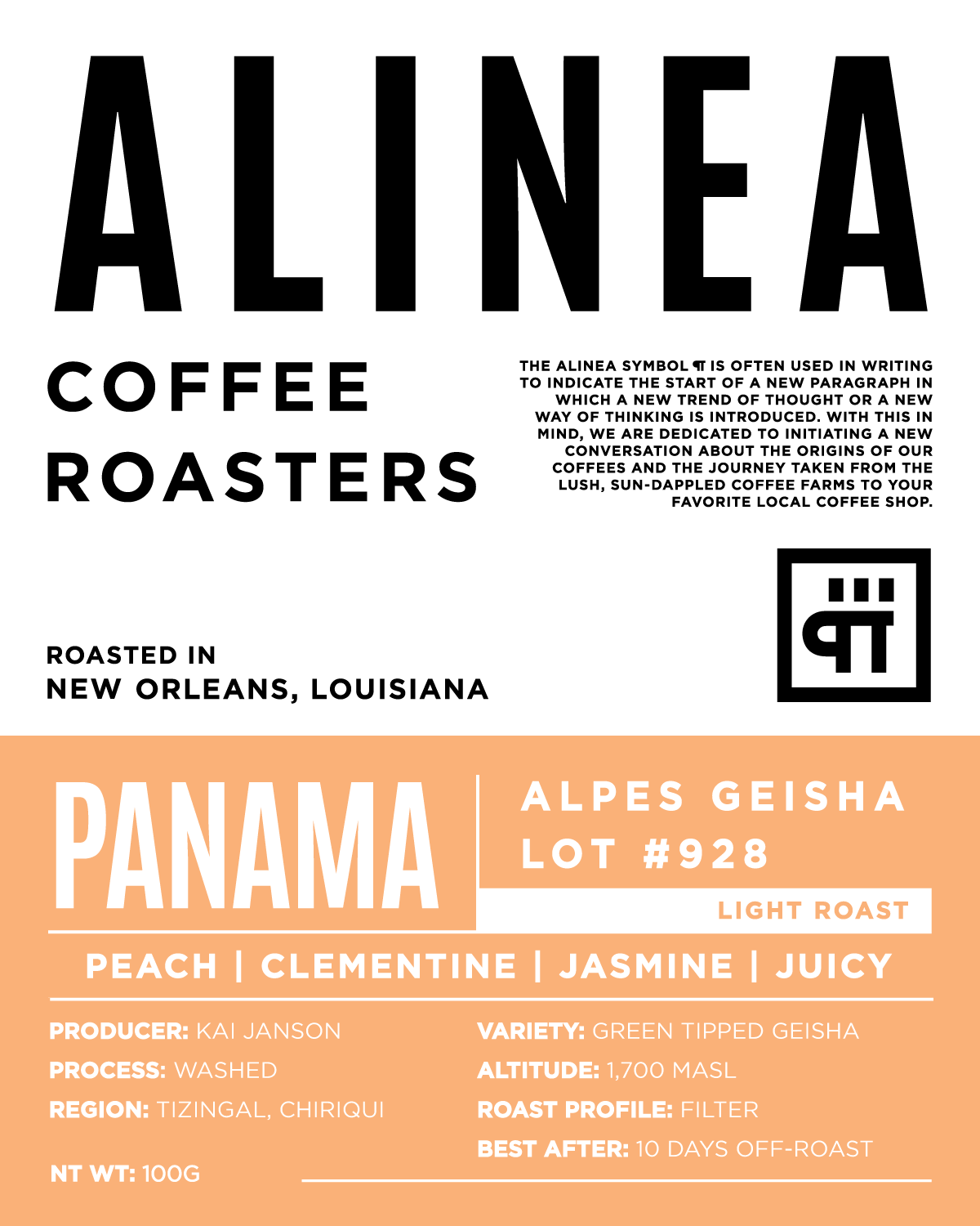 Panama Kai Janson Geisha Lot 928 Washed Coffee – Peach, Clementine
